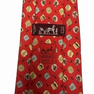 Hermes Men's Tie Geometric Abstract Art Red & Khaki Silk 7977 EA 3.5" x 59" euc
